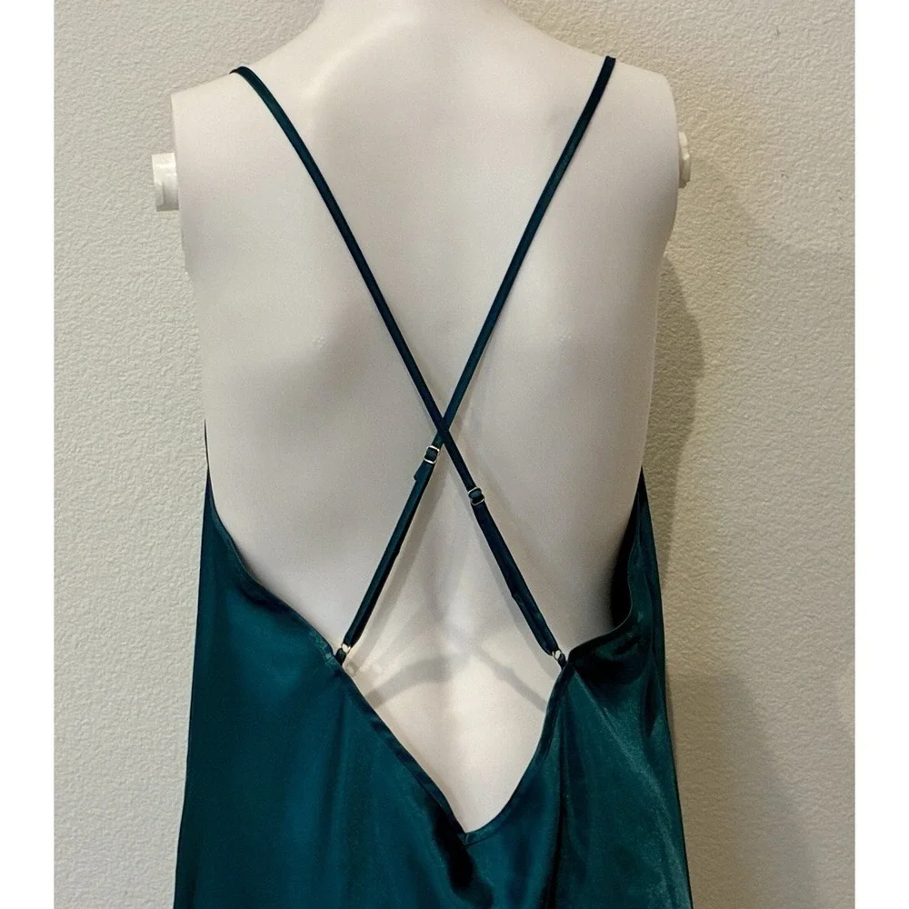 Teal Satin Midi Slip Dress Size XL Cowl Neck Side Slit Soft Glam 90s Style Fairy - Picture 7 of 14